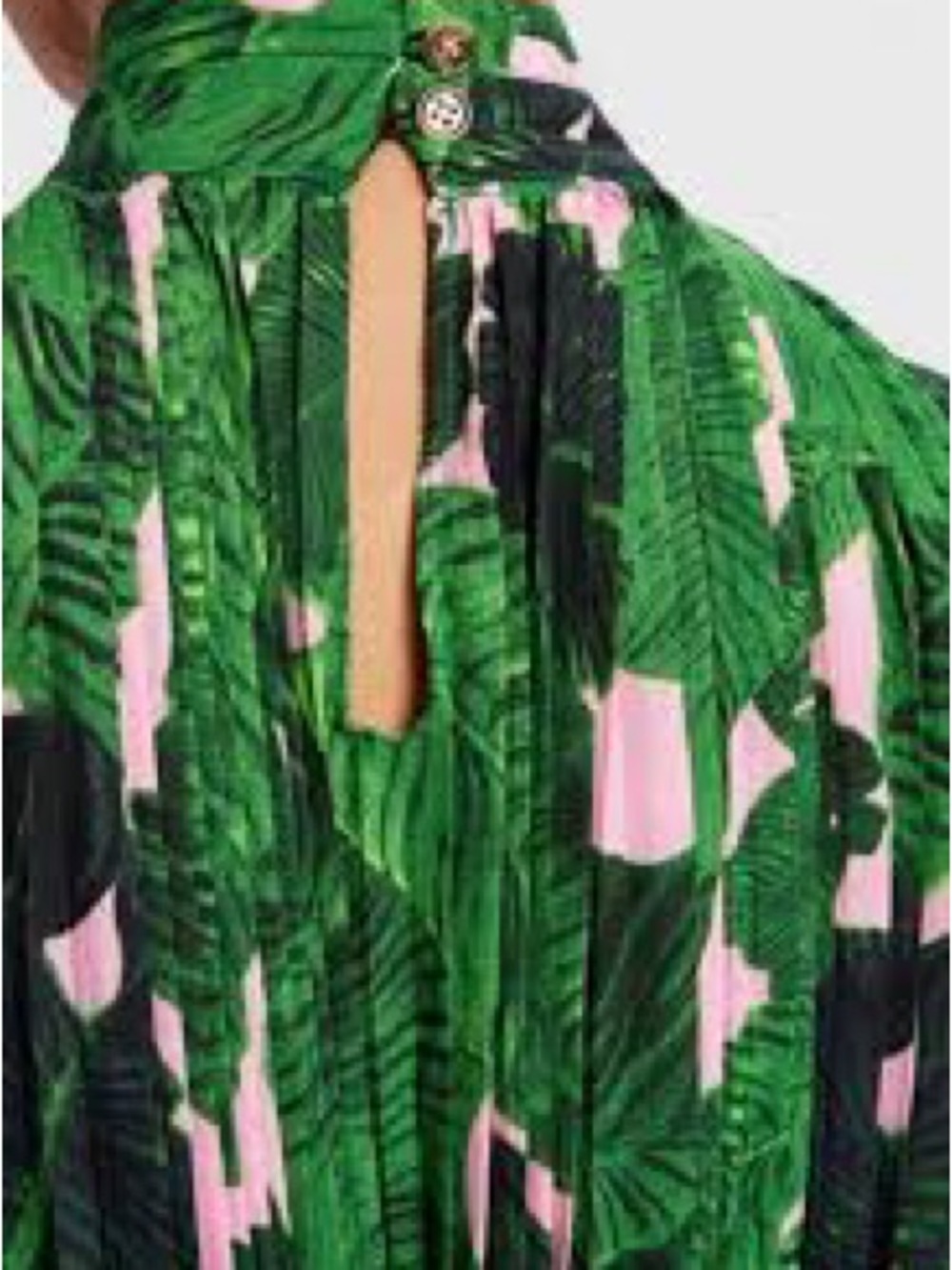 Beulah Style Palm Print Pleated Maxi Dress Green Pink Tropical Long Sleeve Sz M - Picture 2 of 11